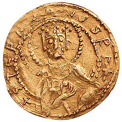 Egy darab fémpénz, Szent István király aranypénze, ókori pénz, az első magyar fémpénz.